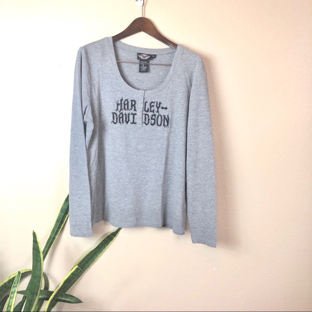 Woman’s Gray Thermal Harley Davidson Botton Top Shirt